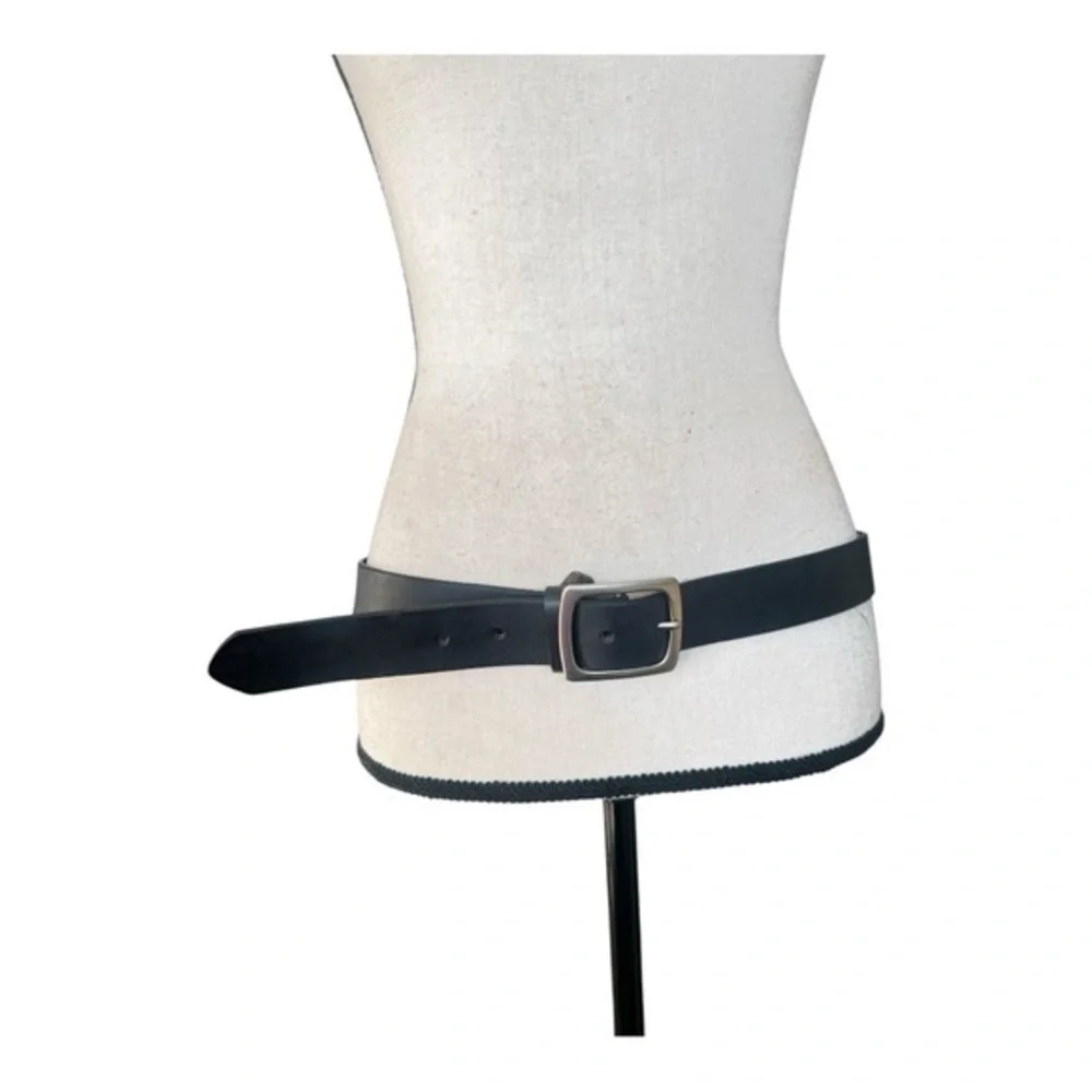 Classic Black Leather Belt with Silver Square Buckle